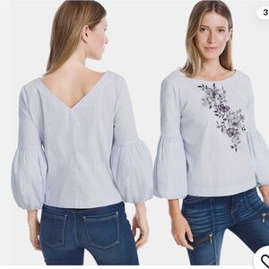 White House Black Market Striped Blouse Floral Embroidery long balloon sleeve 4p